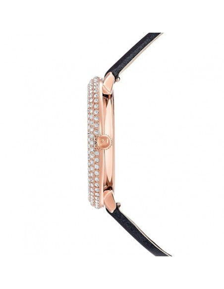 Swarovski Crystal Frost Black Dial Watch – Rose Gold PVD Case & Black Leather Strap | Swiss Made Women's Timepiece