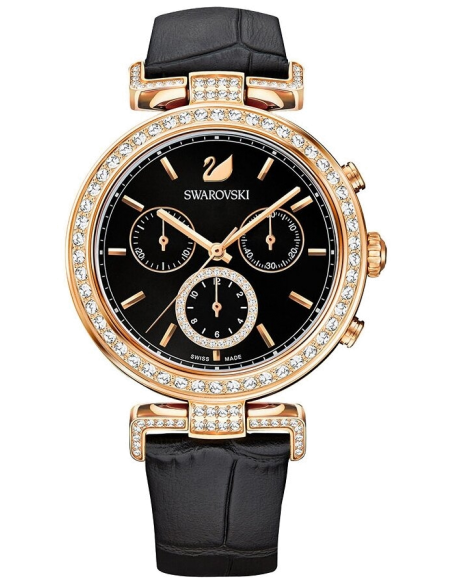 Swarovski Passage Chrono Black Watch – Rose Gold & Black Leather | Swiss-Made Quartz Chronograph