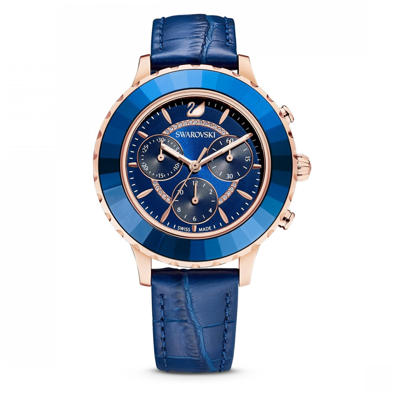 Swarovski Octea Lux Chrono Blue – Rose Gold Stainless Steel & Blue Leather Chronograph Watch | Swiss-Made