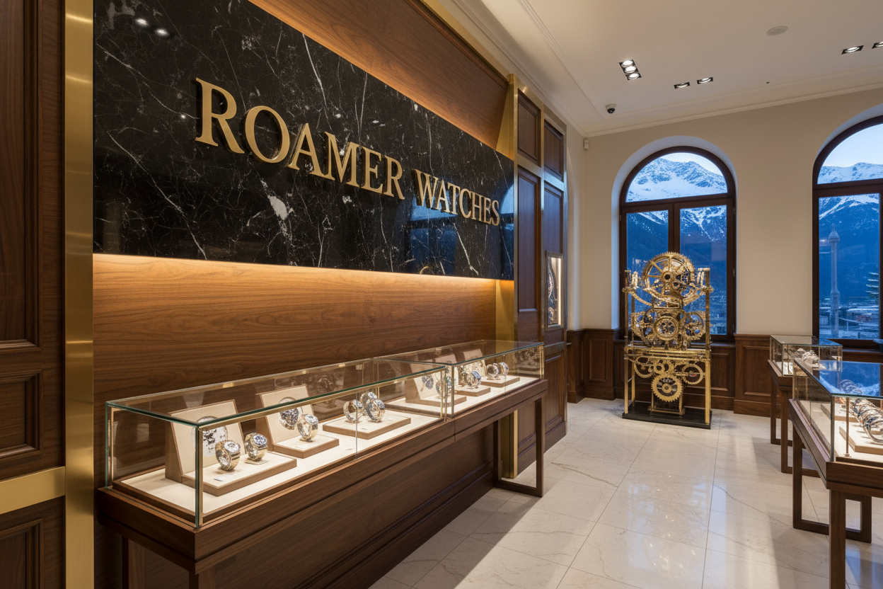 Text "ROAMER WATCHES" in a Swiss Luxury setting