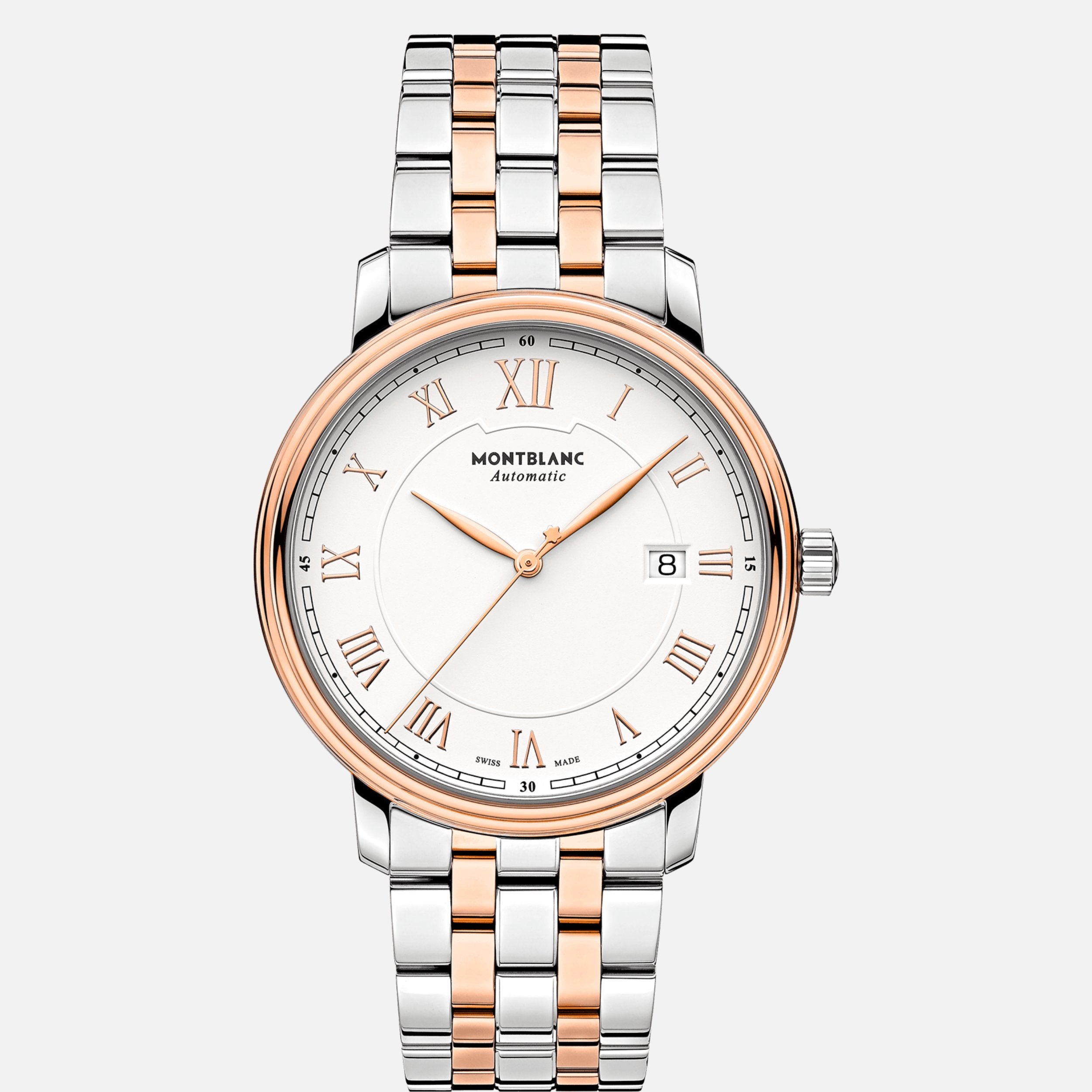 Montblanc Tradition Men's 40mm Automatic Watch MB114337, Swiss Automatic Movement, Silver Dial, 18K Rose Gold and Stainless Steel Case, 30m Water Resistance