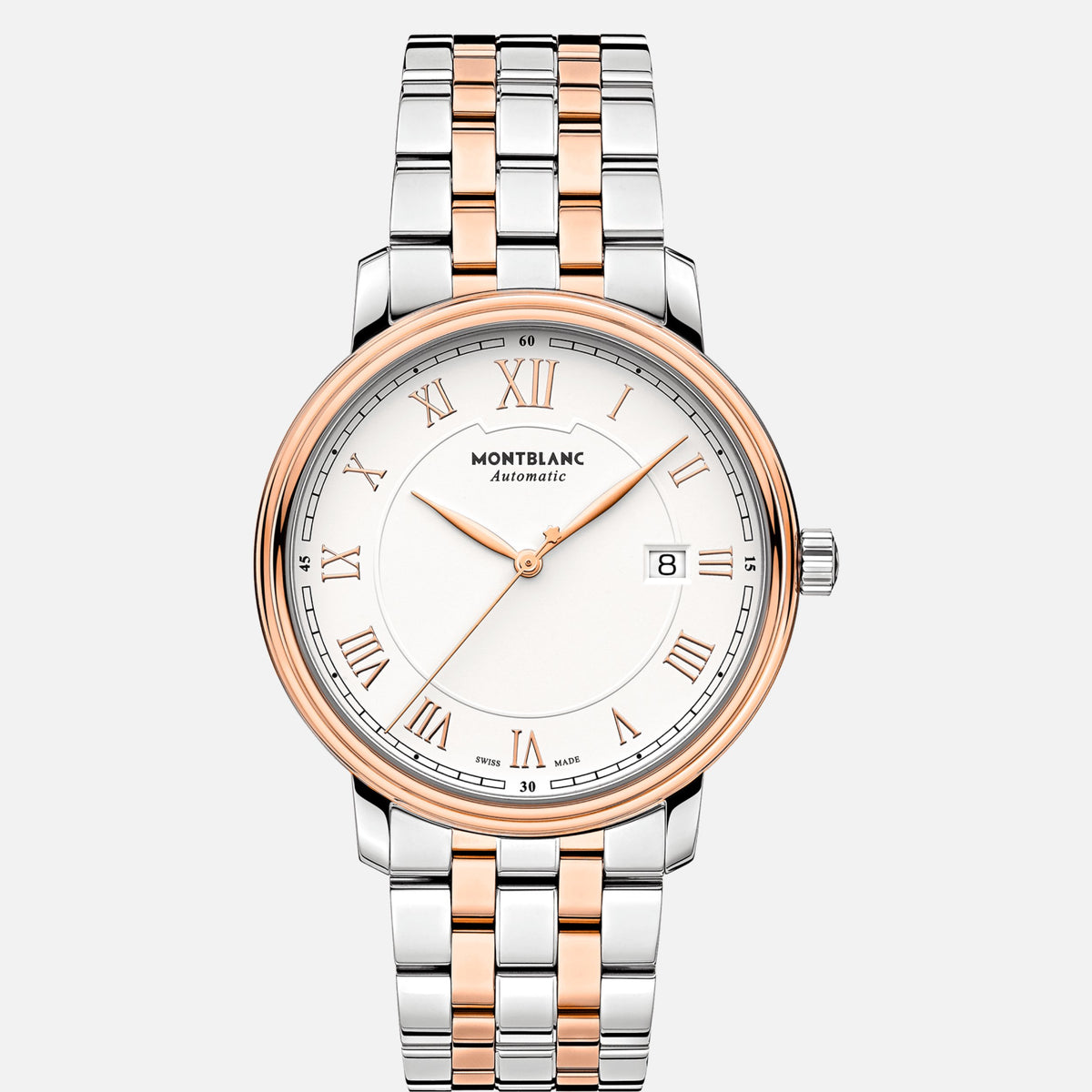 Montblanc Tradition Men's 40mm Automatic Watch MB114337, Swiss Automatic Movement, Silver Dial, 18K Rose Gold and Stainless Steel Case, 30m Water Resistance