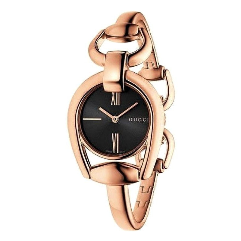 Gucci Ladies Horsebit Black Dial Rose Gold PVD Ladies Watch