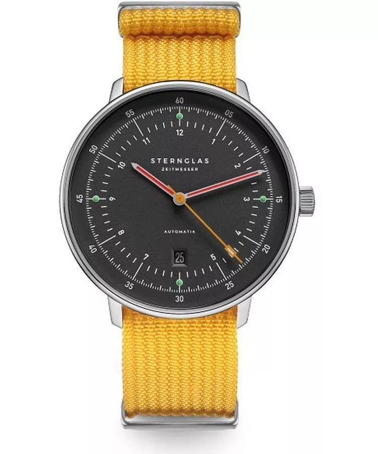 Sternglas HAMBURG 42mm Automatic Watch S02-HH39-FI01, Graphite Grey Dial, Sapphire Crystal, Field Signal Yellow Nylon Strap, 5 ATM Water Resistant