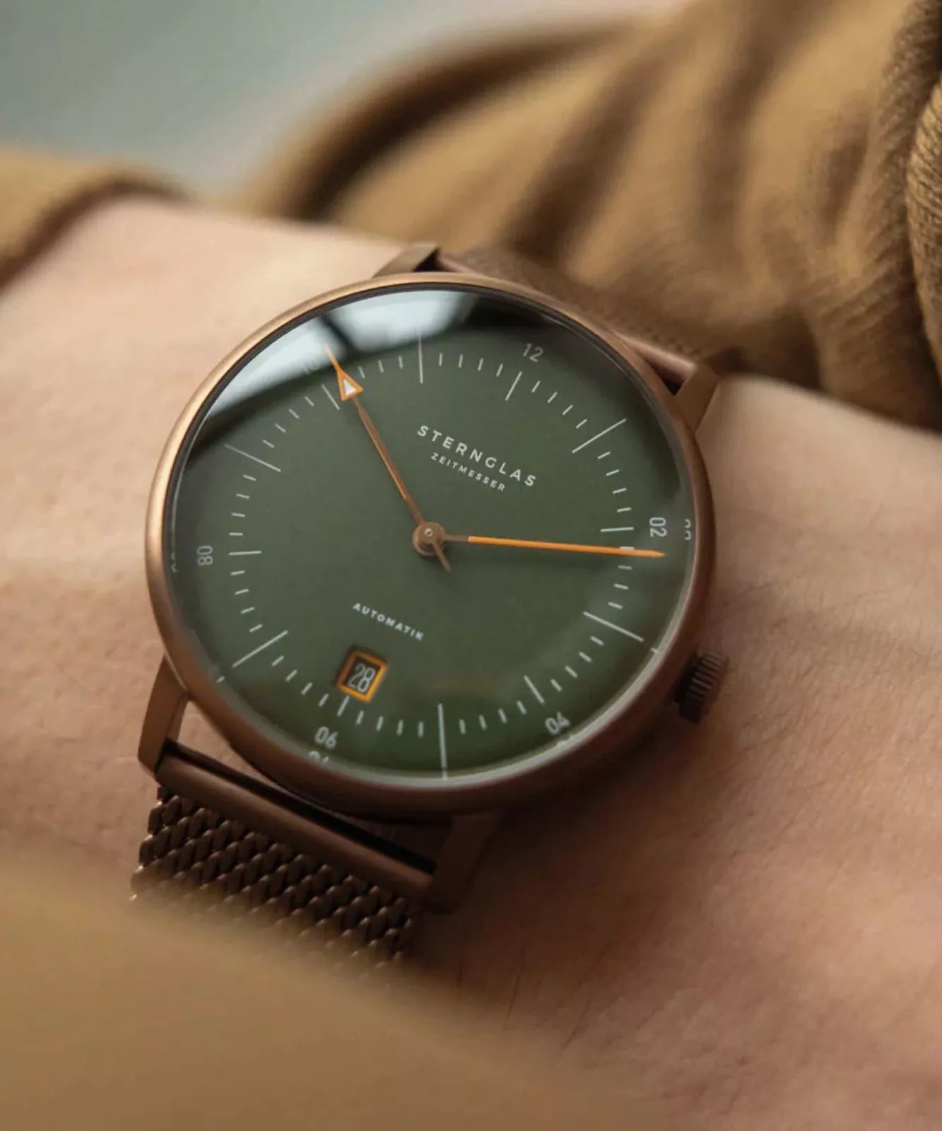 Sternglas NAOS AUTOMATIK Edition Bronze 38mm Watch S02-NAR19-MI11, Green Dial, Sapphire Crystal, Bronze Milanese Mesh Strap, 5 ATM Water Resistant