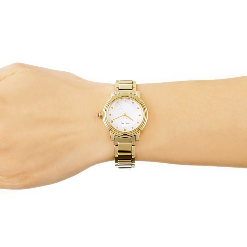 Seiko Classic Ladies Battery Watch SRZ482P1 – Japanese Made 30mm Gold-Plated Quartz Watch, Elegant Silver Dial, 50M Water Resistance