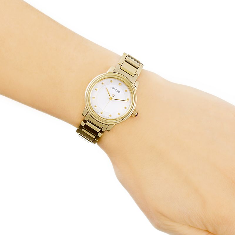 Seiko Classic Ladies Battery Watch SRZ482P1 – Japanese Made 30mm Gold-Plated Quartz Watch, Elegant Silver Dial, 50M Water Resistance