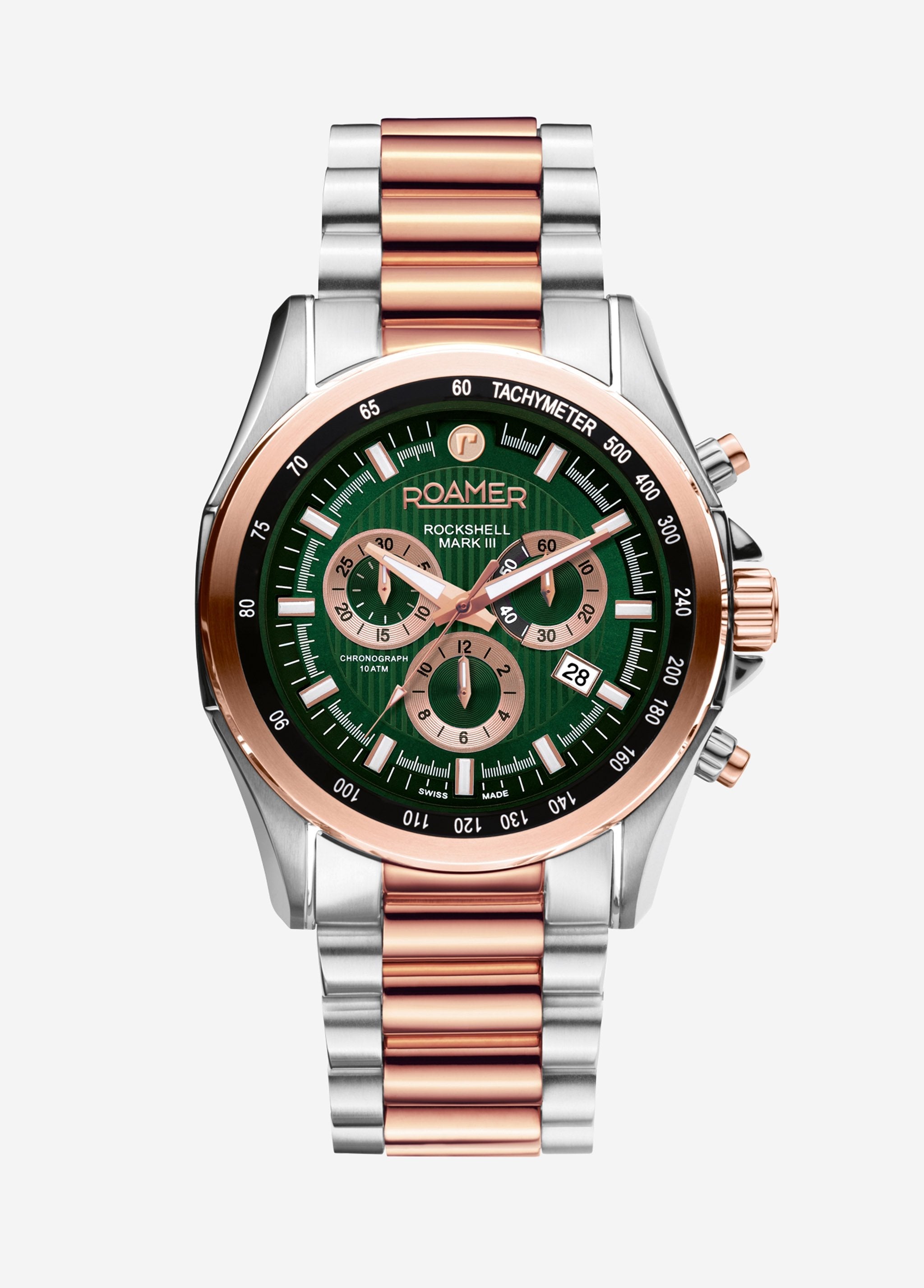 Roamer Rockshell Mark III Chronograph Men's Battery Watch – Green Dial, Rose Gold Hands, Stainless Steel Bracelet