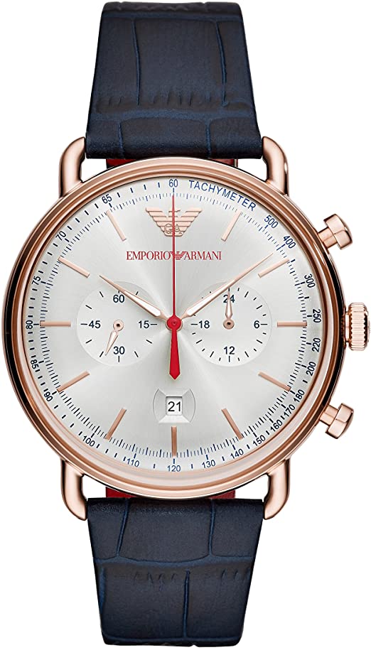 Emporio Armani Men's Chronograph Quartz Stainless Steel Watch with Calfskin Strap, Blue AR11123