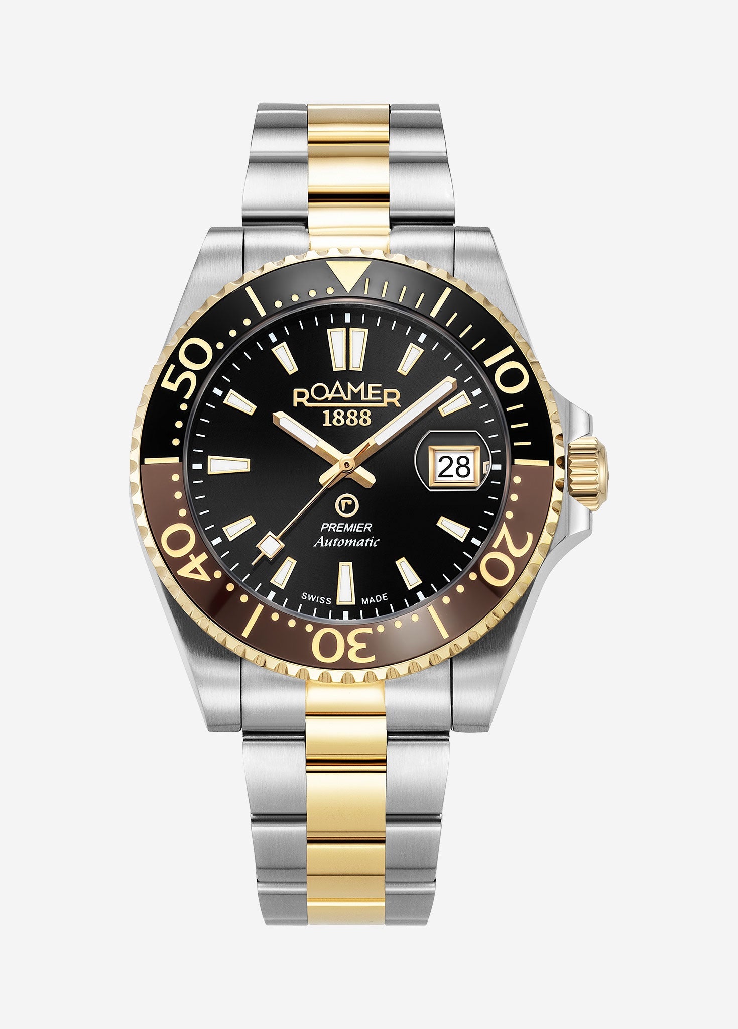 Roamer Premier Men's Automatic Dive Watch – 42 mm Black Dial, Two-Tone Stainless Steel Bracelet, Swiss Automatic Movement