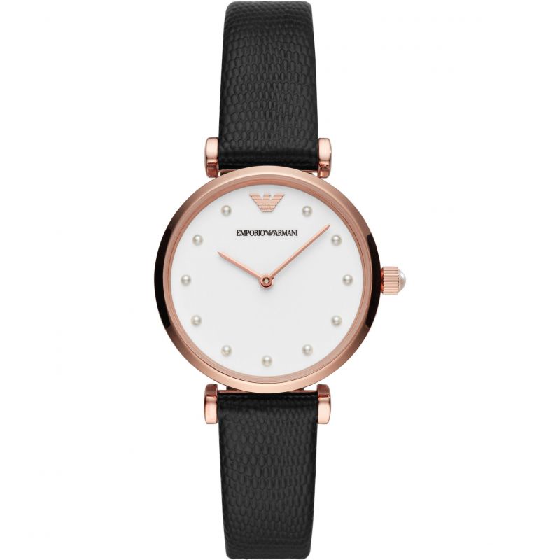Emporio Armani Ladies’ Gianni T-Bar Watch AR11270 – White Dial, Black Leather, Quartz, 32mm, 3 ATM