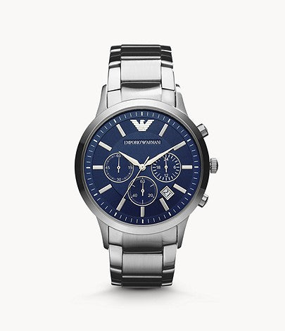 Emporio Armani AR2448 Men’s Stainless Steel Watch – 43mm Silver Case, Blue Dial, Two-Hand Quartz Movement