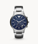 Emporio Armani AR2448 Men’s Stainless Steel Watch – 43mm Silver Case, Blue Dial, Two-Hand Quartz Movement