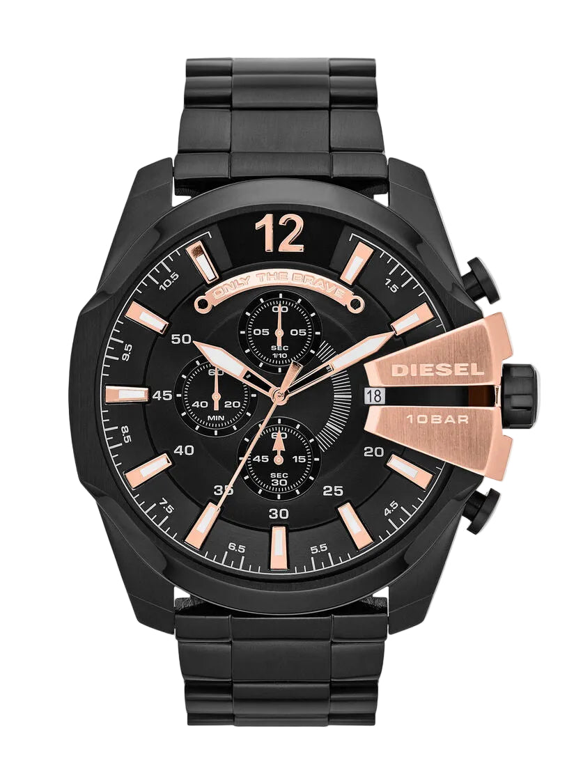 A Diesel DZ4309 Men's Mega Chief Chronograph watch with a black ion-plated stainless steel case and bracelet, featuring a black dial with rose gold-tone hands and index markers, and a date display.