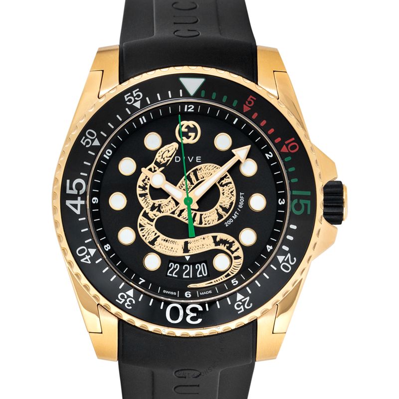 GUCCI Dive Quartz Black Dial Black Rubber Band Men's Watch