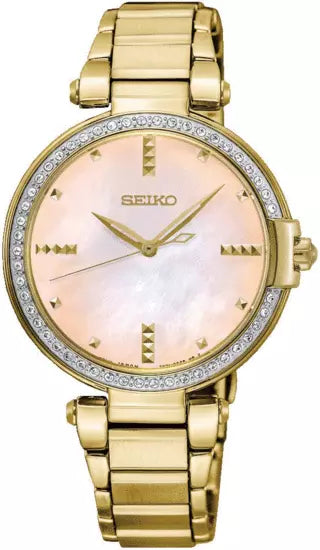 Seiko Ladies' Gold Band Swarovski Crystals Mother of Pearl Pink Dial Watch SRZ518P1 – Japanese Made 32mm Quartz Watch, Stainless Steel, Scratch-Resistant Crystal, Elegant Design
