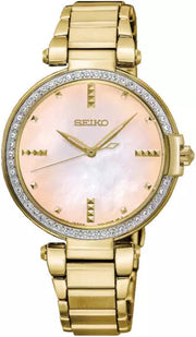 Seiko Ladies Gold Band  Swarovski Crystals Mother of Pearl Pink Dial Watch SRZ518P1