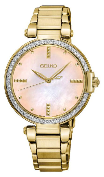 Seiko Ladies' Gold Band Swarovski Crystals Mother of Pearl Pink Dial Watch SRZ518P1 – Japanese Made 32mm Quartz Watch, Stainless Steel, Scratch-Resistant Crystal, Elegant Design