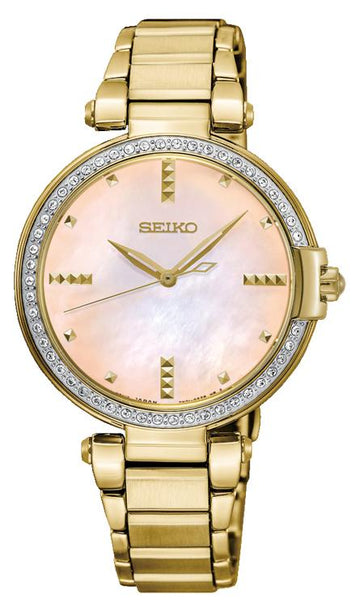 Seiko Ladies Gold Band  Swarovski Crystals Mother of Pearl Pink Dial Watch SRZ518P1