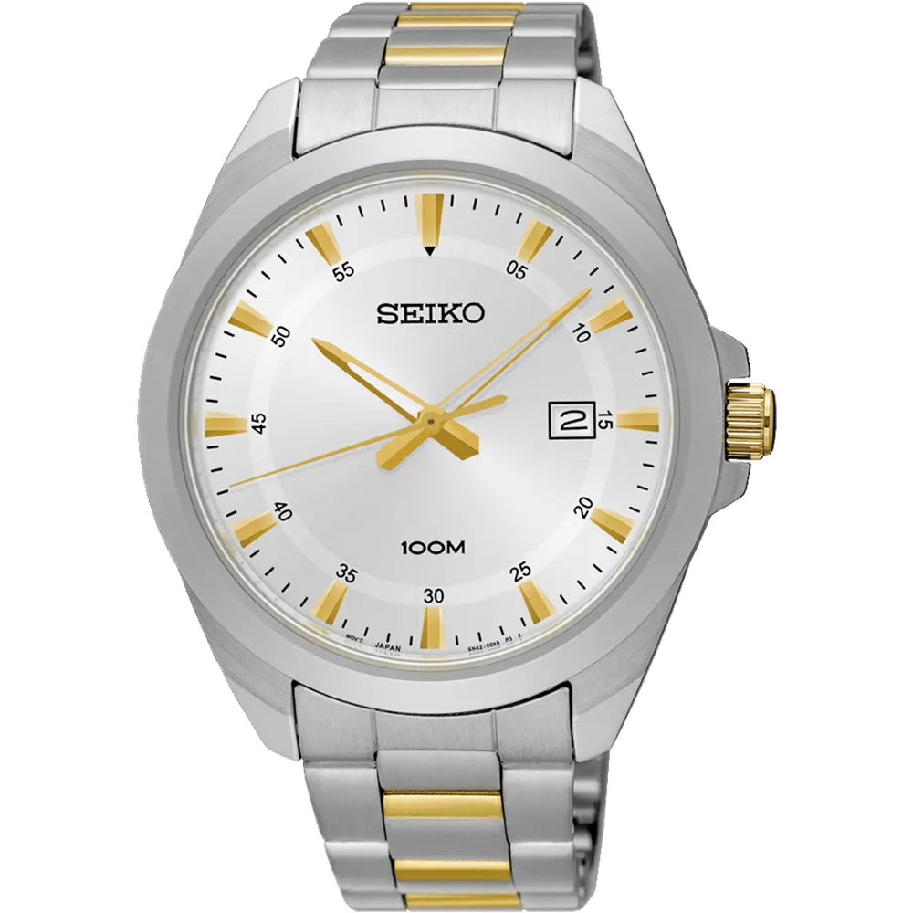 Seiko Quartz Two-Tone Silver Dial Men’s Watch SUR211P1 – Japanese Made 42mm Stainless Steel Watch, Hardlex Crystal, Date Display, 100M Water Resistance