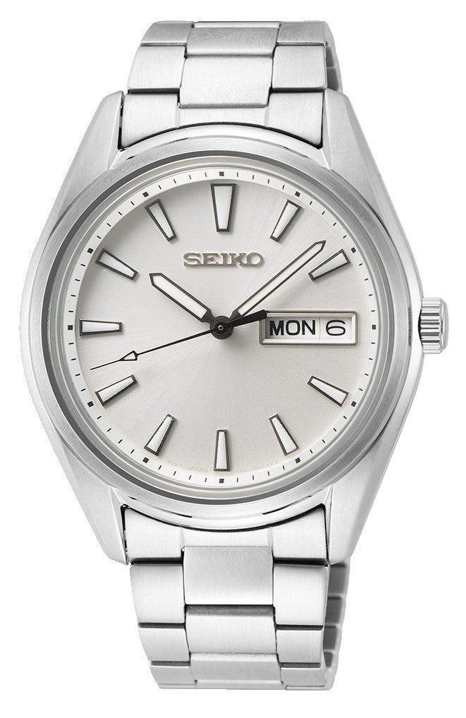 Seiko Essentials Quartz Silver Dial Men's Watch SUR345P1 – Japanese Made 40.2mm Stainless Steel, Hardlex Crystal, Day-Date Display, 100M Water Resistance