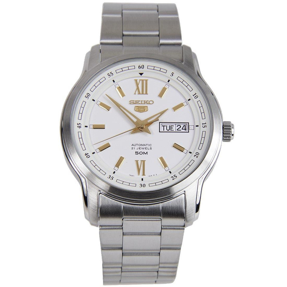Seiko 5 White Dial Men’s Watch SNKP15K1 – Japanese Made 42mm Automatic Watch, Stainless Steel, Day-Date Display, 50M Water Resistance