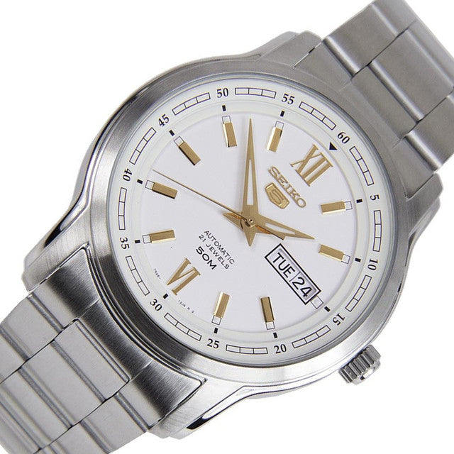 Seiko 5 White Dial Men’s Watch SNKP15K1 – Japanese Made 42mm Automatic Watch, Stainless Steel, Day-Date Display, 50M Water Resistance
