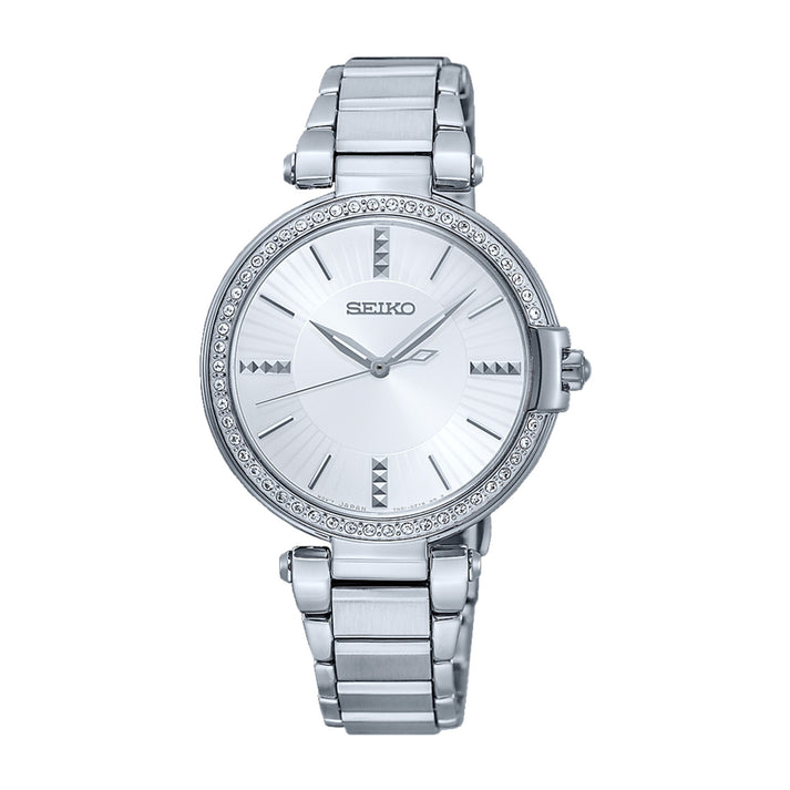 Seiko White Dial Diamond Accents Ladies Watch SRZ515P1 – Japanese Made 33mm Quartz Watch, Stainless Steel, Scratch-Resistant Crystal, Elegant Design