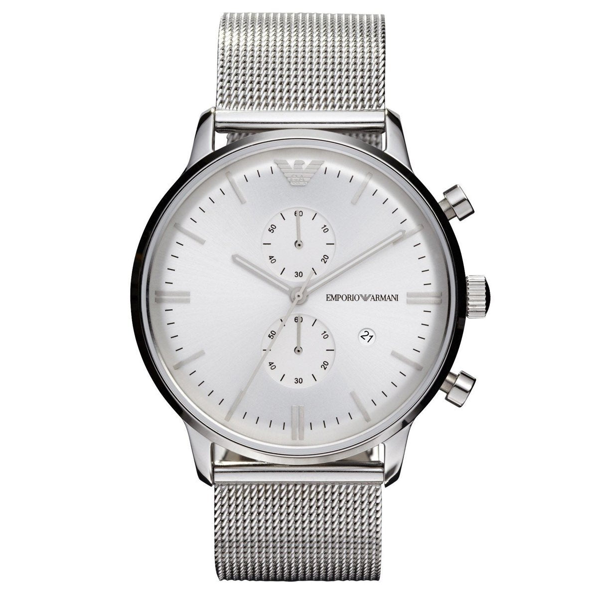 Emporio Armani AR0390 – 40mm Silver Dial, Stainless Steel Mesh Bracelet, 5 ATM Water Resistant