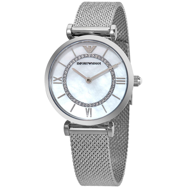 Emporio Armani AR11319 Women's Quartz Stainless Steel Watch with Mother of Pearl Dial and Mesh Bracelet.