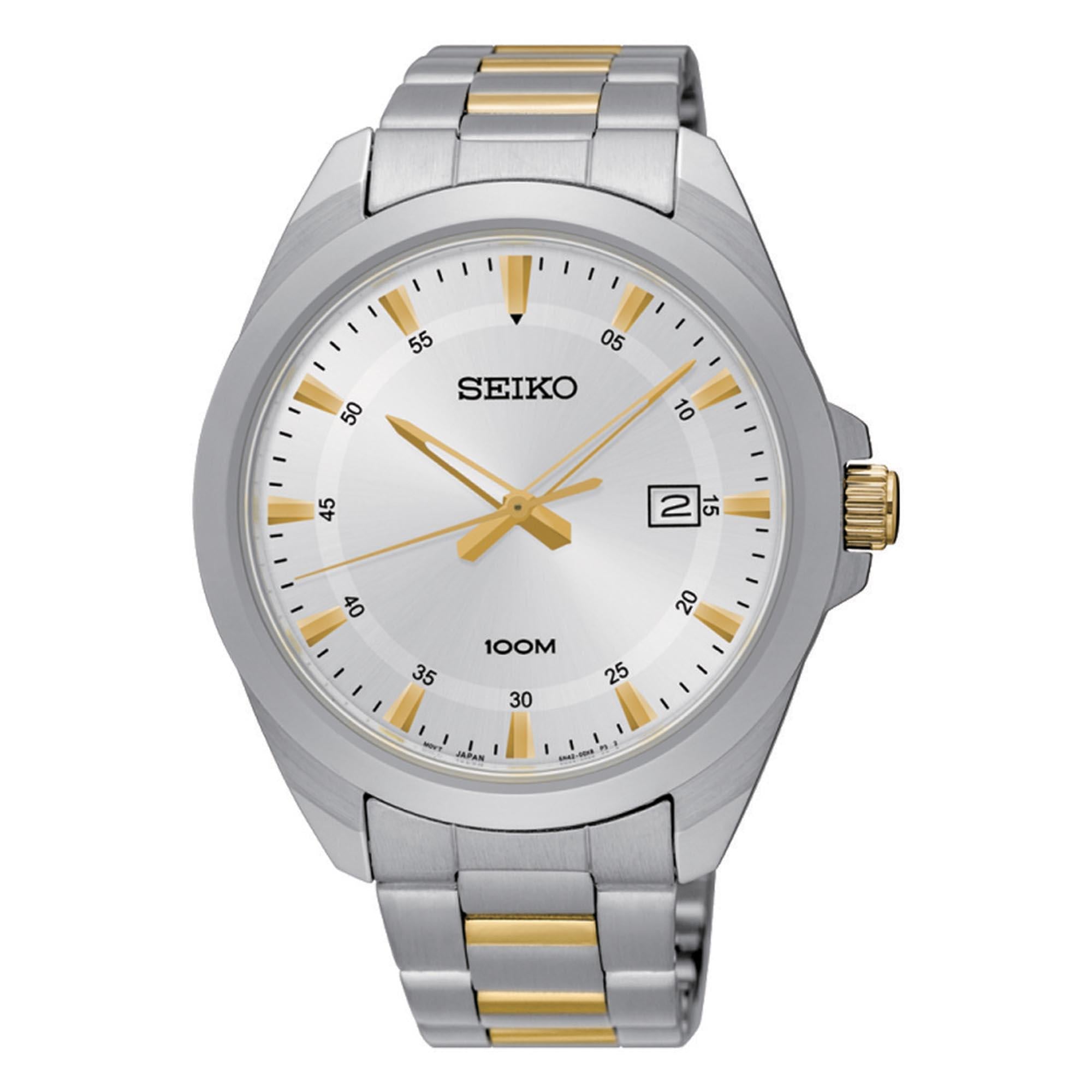 Seiko Quartz Two-Tone Silver Dial Men’s Watch SUR211P1 – Japanese Made 42mm Stainless Steel Watch, Hardlex Crystal, Date Display, 100M Water Resistance