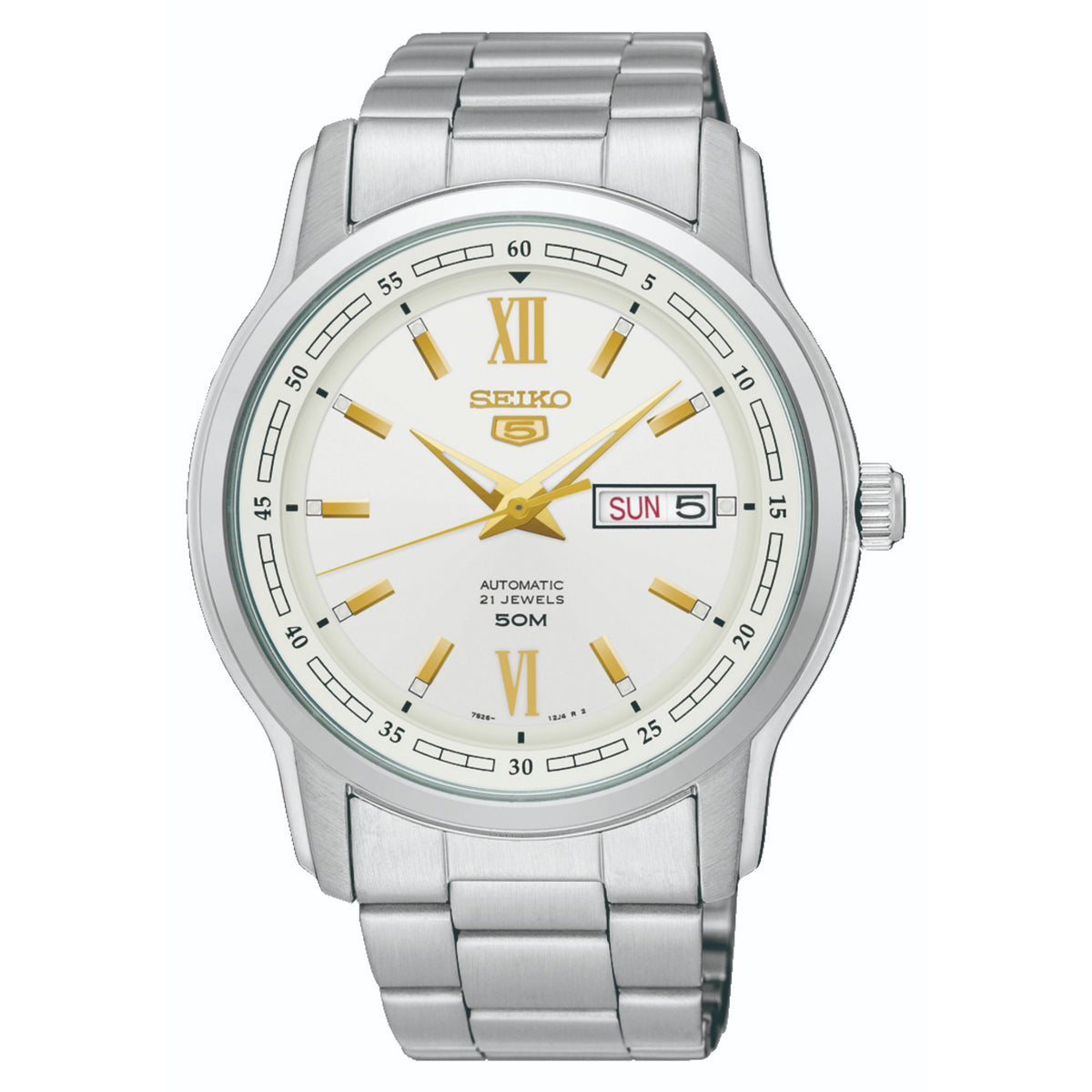 Seiko 5 White Dial Men’s Watch SNKP15K1 – Japanese Made 42mm Automatic Watch, Stainless Steel, Day-Date Display, 50M Water Resistance