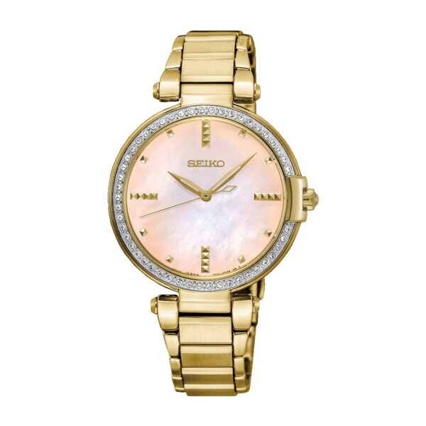 Seiko Ladies' Gold Band Swarovski Crystals Mother of Pearl Pink Dial Watch SRZ518P1 – Japanese Made 32mm Quartz Watch, Stainless Steel, Scratch-Resistant Crystal, Elegant Design