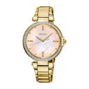 Seiko Ladies' Gold Band Swarovski Crystals Mother of Pearl Pink Dial Watch SRZ518P1 – Japanese Made 32mm Quartz Watch, Stainless Steel, Scratch-Resistant Crystal, Elegant Design