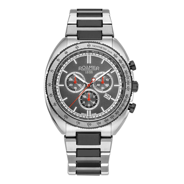 Roamer Power Chrono Men's Battery Watch – 44 mm Black Dial, Stainless Steel Bracelet, Swiss Quartz Movement