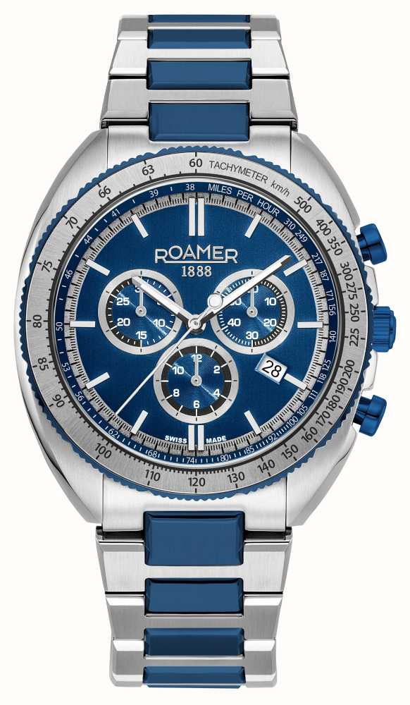 Roamer Power Chrono Men's Battery Watch – 44 mm Blue Dial, Stainless Steel Bracelet, Swiss Quartz Movement