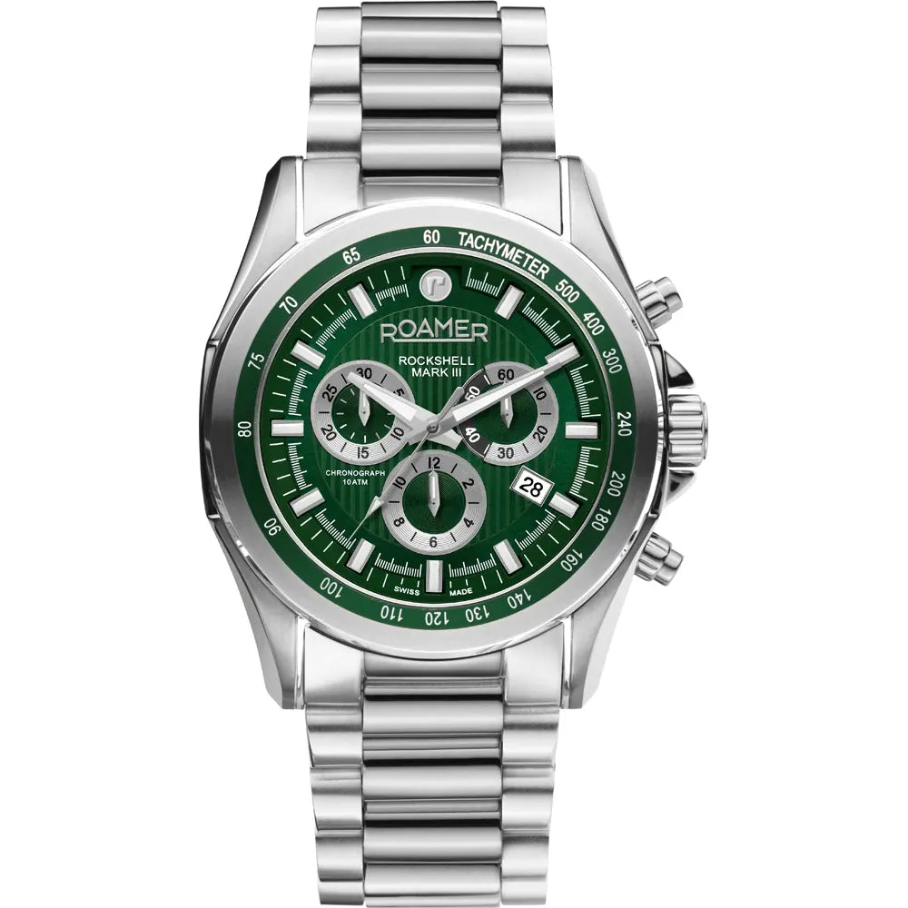 Roamer Rockshell Mark III Chronograph Men's Battery Watch – Green Dial, Stainless Steel Bracelet, Swiss Quartz Movement