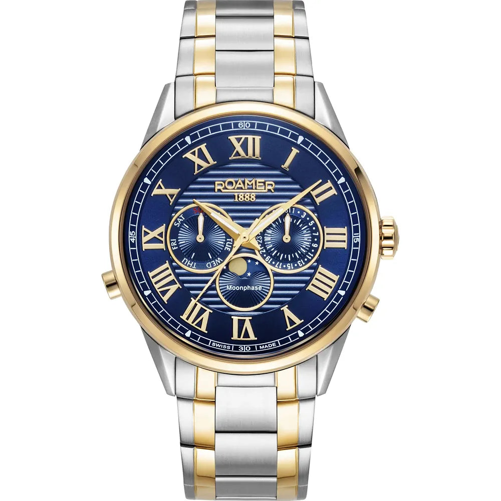 Roamer Superior Moonphase II 43 mm Men's Watch – Blue Dial, Stainless Steel Case & Bicolor Bracelet, Swiss Quartz Movement