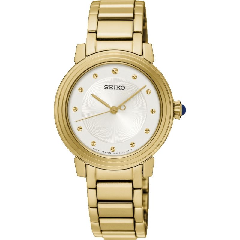 Seiko Classic Ladies Battery Watch SRZ482P1 – Japanese Made 30mm Gold-Plated Quartz Watch, Elegant Silver Dial, 50M Water Resistance